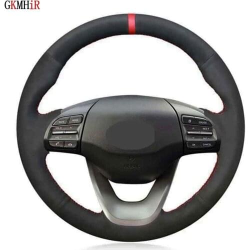 Hand-Stitched Volant Funda Volante Soft Black Genuine Leather Suede Car Steering Wheel Cover For Hyundai Kona 2019 2018 2017
