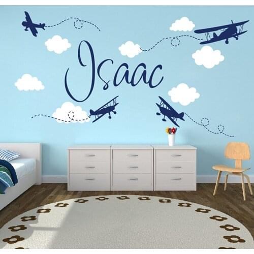 Custom Name Airplane Clouds Jet Wall Sticker Boy Room Kids Room Personalized Name Plane Battle Sky Wall Decal Playroom Vinyl