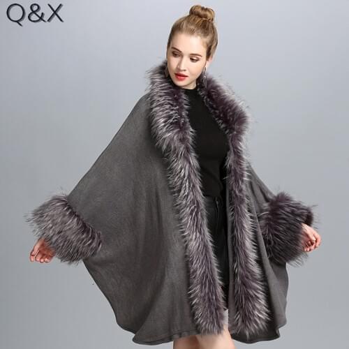 SC116 2017 Winter Warm Fake Fur Long Knitted Tassels Loose Poncho Cape Autumn Cashmere Sweater Women European Cardigan Coat
