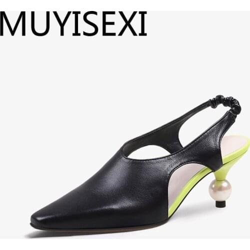 Pumps slingbacks women 7cm pearl high heels genuine leather pointed toe shallow slip on office ladies mixed color HL246 MUYISEXI