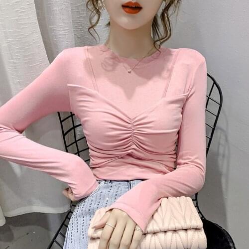 Women t shirt 2020 New Folds Cotton Long Sleeve Tops Fake Two Pieces Tee Shirt Fashion Ladies Tunic Chic Pink White Black Tops