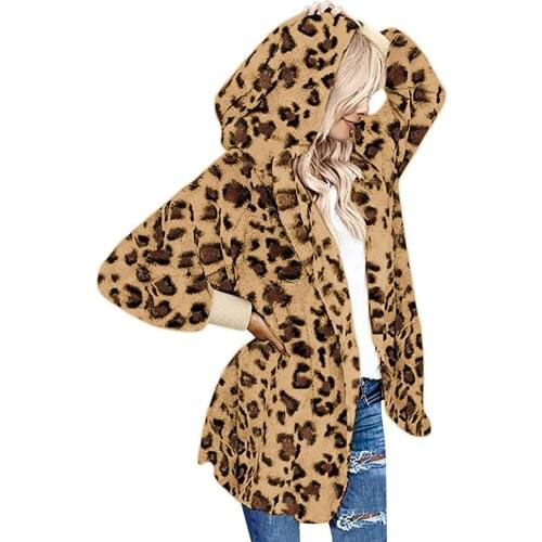 Women Winter Jackets Fashion Leopard Print Casual Fleece Hooded Cardigan Coat 2021 Streetwear Loose Top Zipper Warm Clothes