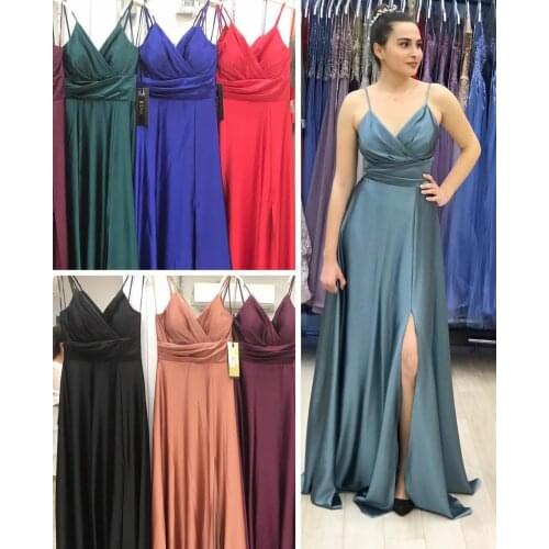 Sexy Long Spgahetti V-Neck Prom Dresses with Slit Criss Cross Back Satin Robe De Soiree Floor Length Formal Party Gown