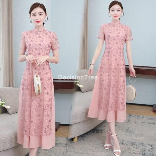 2021 ao dai cheongsam folk style vietnam chiffon aodai graceful stand collar elegant women chinese traditional dress party dress