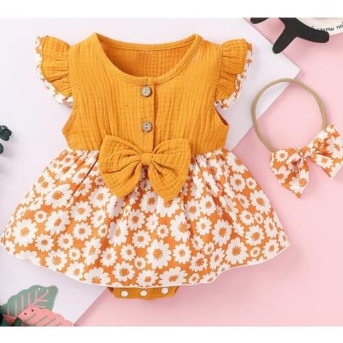 Lovely Newborn Girls Printed Bodysuits Outfits Girl Fly Sleeve Round Neck Bowknot Button Skirt-like Bodysuit+ Headband Clothing