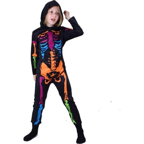 Kids Cosplay Costume for Halloween Party Funny Skeleton Printed Jumpsuits Boys Girls Luminous Bodysuit Performance Stage Romper
