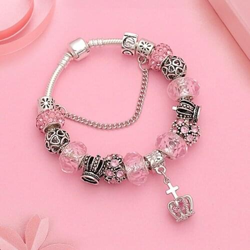 Leabyl Pink Euroean Royal Crown Charm Bracelet for Women Pink Crystal Snake Chain Bracelet Silver Color Heart Bead Bracelet Gift