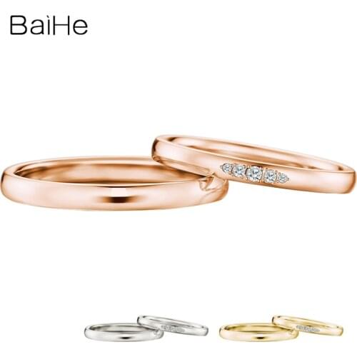 BAIHE Solid 18K White Gold 0.08CT H/SI Round Natural Diamonds For Women Man ring Trendy Fine Jewelry Wedding Band Couple Ring