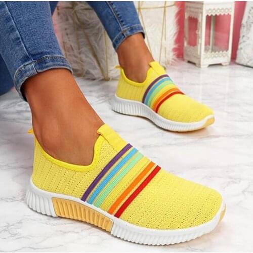 Mesh Sneakers Rainbow Color Knitted Vulcanized Shoes Womens Casual Flats Breathable Female Comfortable Shoe Fashion Slip-on PU