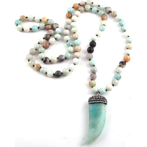 MOODPC Fashion Bohemian Tribal Jewelry Amazonite Stones Long Knotted Stone Pendant Necklaces Women Ethnic Necklace