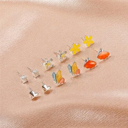 New Cute Mini Zircon Fruit Leaf Earrings Set For Women Girls Fashion Cherry Orange Strawberry Stud Ear Jewelry Gifts 6 Pairs