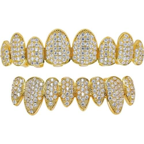 Hip Hop Teeth Grillz Iced Out AAA Zircon Top & Bottom Tooth Set For Men Women 3 Colors Fashion Irregular Tooth Grillz Jewelry