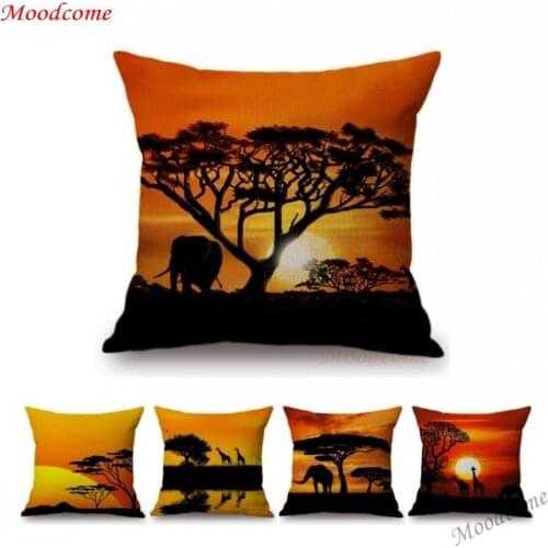 Sunset Africa Landscape Wild Animals Elephant Giraffe Scenic Home Art Decorative Throw Pillow Case Cotton Linen Cushion Covers