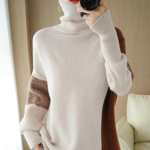 2020 New Cashmere Sweater Womens High-Neck Color Matching 100% Pure Wool Pullover Fashion Plus Size Warm Knitted Bottoming Shir