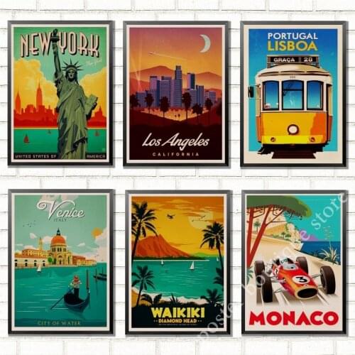 New York,Route 66,Venice,San francisco,Travel Landscape Vintage Retro Poster Decorative Wall Kraft Paper Poster Bar Home Decor