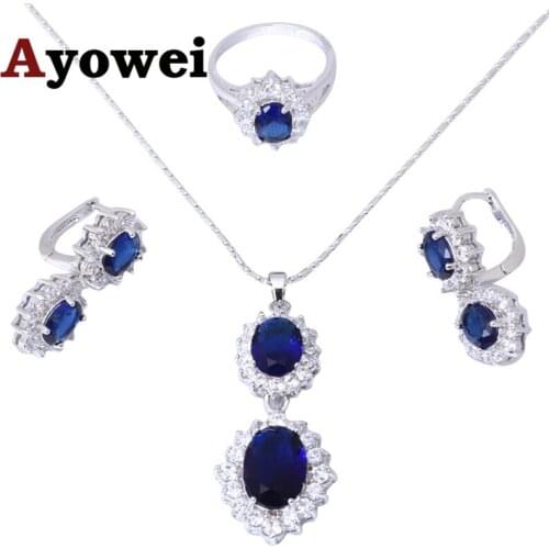 Engagement items Blue Zircon crystal Silver filled zirconia Earring Necklace Fashion Jewelry Set Ring Sz #6.75 #7 #7.75 JS408A