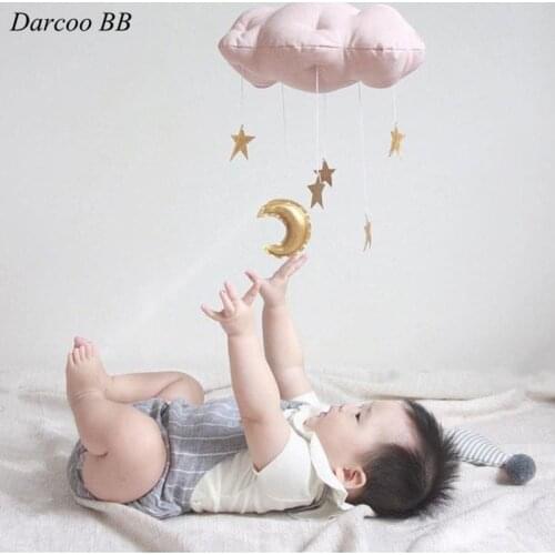 Nordic Style Baby Bed Rattles Hanging Fabric Clouds with Fringed Moon Star Toys Ornaments for Kids Children Room Wall Decoration