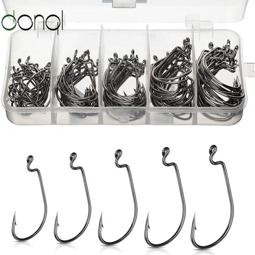 DONQL 50/100pcs Wide Crank Fishing Hooks Carbon Steel Offset Fishhook 3/0#-2# Bass Barbed Carp Fishing Hook For Soft Worm Lure