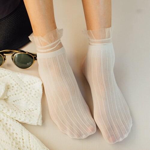 Girl Cute Lace Fashion Sheer Mesh Glass Silk Socks Women Ultrathin Transparent Crystal Breathable Thin Short Socks Elastic Socks