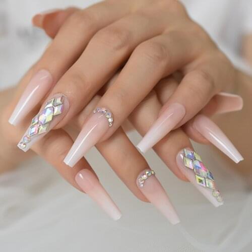 Extra Long Coffin Rhinestone Fake Nails Gel Tips Decoration Nails False Hand Dummy Fake Nails Stick On Nails Fingernails