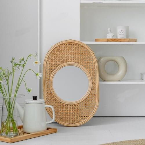 Vintage Rattan Art Decoration Oval Makeup Mirror Dressing Wall Hanging Mirrors Bedroom Home Decoration Oval Make Up Mirrors