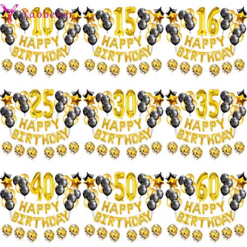 37pcs Gold Number Foil Latex Balloons Happy Birthday Party Decorations Adult Kids 10 15 16 18 21 25 30 35 40 50 60 Years Old