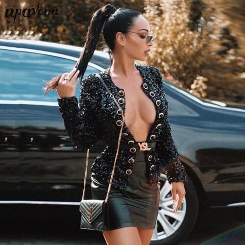 2019 Fashion Sequin Jacket Button Multicolor Sexy V-Neck Long Sleeve Patchwork Glittering Luxury Club Clothing Wholesale Vestido