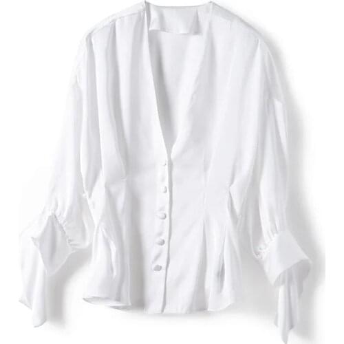 Women Shirt Solid Color Shirt V-neck Two-color Bubble Sleeve Bowknot Ruffled Top Women