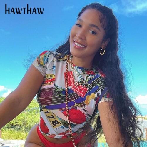 Hawthaw Women Fashion Summer Short Sleeve Printed Slim Mesh See Through T Shirt Tops Tees 2021 Female Clothing Streetwear