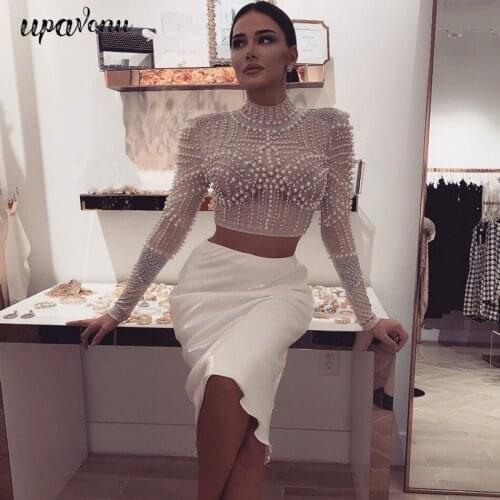 2020 New Fashion Long Sleeve Beaded Bandage Set Two Piece Sexy Short Top High Waist Knee Skirt Womens Club Party Set Vestidos