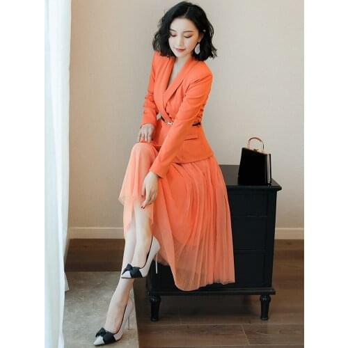 Spring Autumn Office 2020 Dress Elegant Ladies Formal Suit Tops + Mesh Skirt Casual Two Piece Set Women Clothes ZT1200