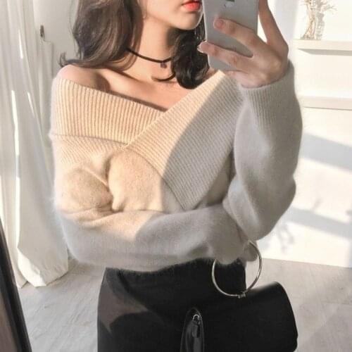 Kaguster Knitted Women One Size Winter Sweaters Women V-neck Loose Hollow Coat Strapless Sweter Cardigans Korean Style Top