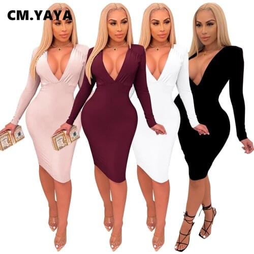 CM.YAYA Women Long Sleeve Deep V-neck Bodycon Midi Knee Length Dress Bandage Sexy Club Party Pencil Dresses 2021 New Vestidos