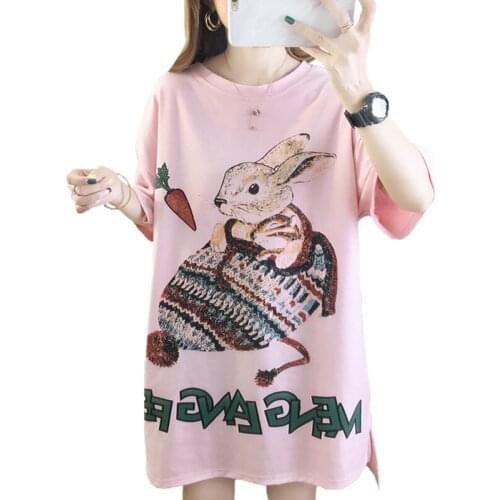 Zuolunouba Summer Casual Women T Shirt Print Carrot Rabbit Knitted Hat Female T-shirt Tops Mid-length Loose Short Sleeves Tees