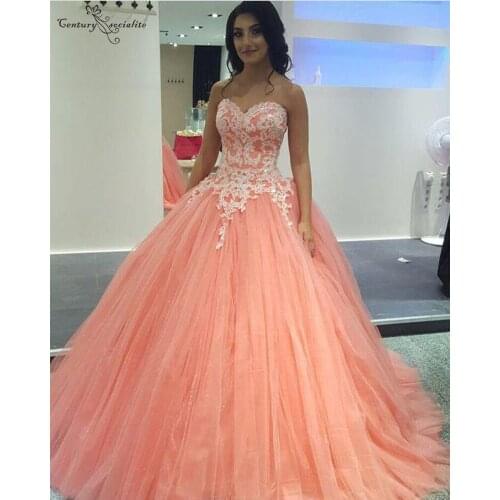 Ball Gown Quinceanera Dresses Sweetheart Coral Tulle Ivory Appliques Sweet 16 Dress Birthday Party Gowns Vestidos De Quinceañera