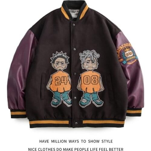 New Arrival Autumn Cartoon Little Man Embroid Patchwork Mens Baseball Bomber Jacket Unisex Womens Varsity Streetwear Shirt