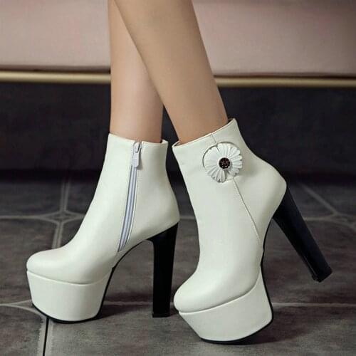 New Series White Black Women Ankle Boots Sexy 14CM Square Root Platform Boots Ladies Autumn Winter High Heel Boots with Zipper