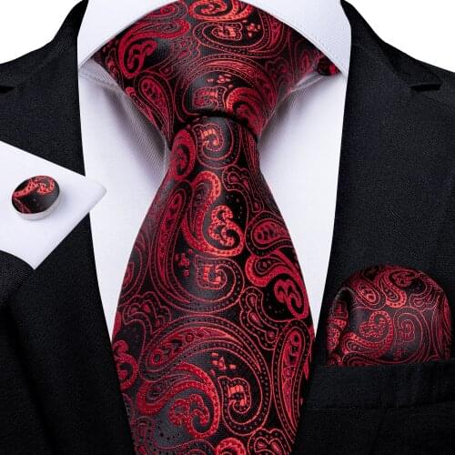 DiBanGu Mens Necktie Red Black Paisley Designer Silk Wedding Tie For Men Necktie Hanky Cufflinks Tie Set Business Party MJ-314