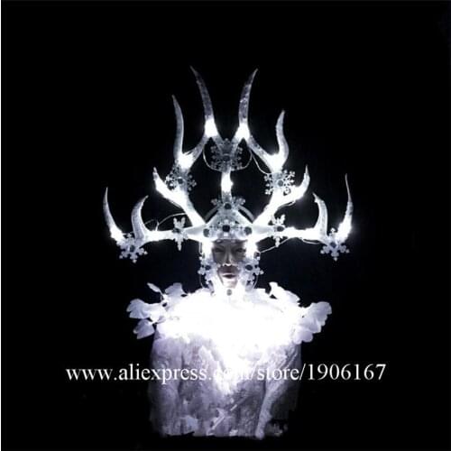 White Feathers Stage Ballroom Costume Led Light Antlers Head Clothing Party Christmas Performance DJ Singer Clothes Dance Suit