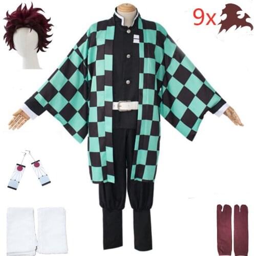 Adult and kids Demon Slayer Cosplay Tanjirou Kamado Cosplay Costume Kimetsu no Yaiba Men Kimono Costume wigs earrings Halloween
