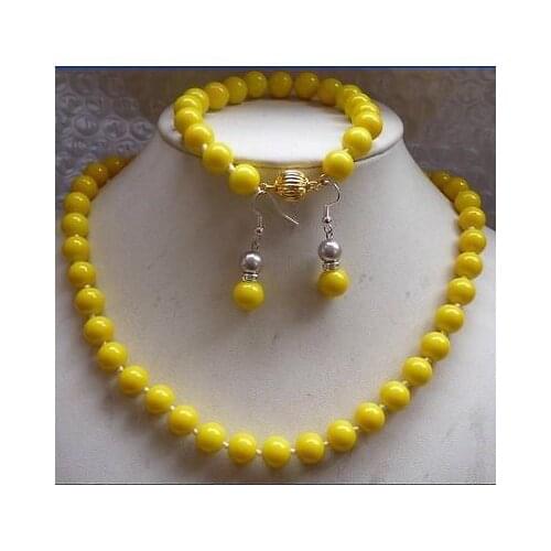 Beautiful! New Design 10mm Yellow Sea Shell Pearl Necklace Bracelets Earring Jewelry Set
