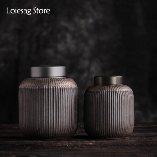 Loiesag Tin Cover Striped Gilt Tea Cans Handmade Ceramic Sealed Tea Cans Tea Warehouses Candy Spice Dried Fruit Storage Jar