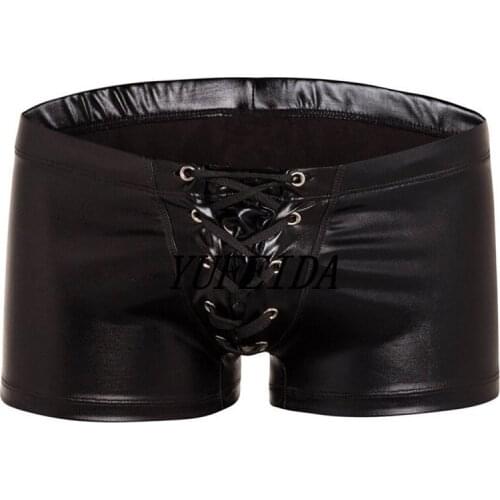 Mens Sexy Lingerie Panties Underwear Boxer Shorts PU Leather WetLook Lace Up Underpants Shiny Stage Dance Clubwear Boxershorts