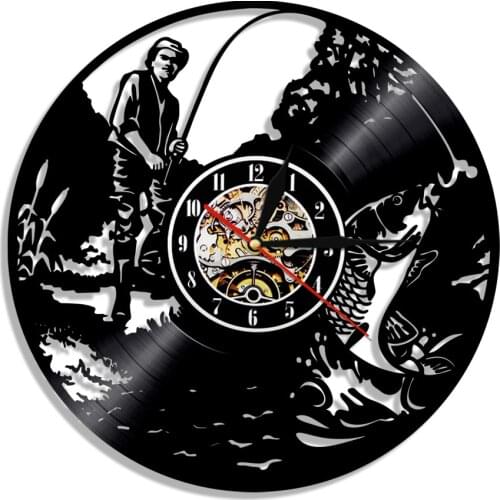 Fishing Man Vinyl Record Wall Clock Gone Fish Led Lighting Vintage LP Home Decor Wall Art Watch Creative Time Gift For Fishmen