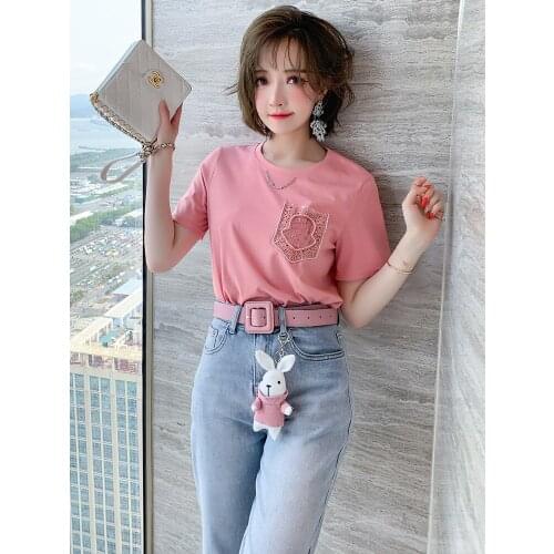 Top Quality Lace patch pocket with diamond collar new summer T-shirt