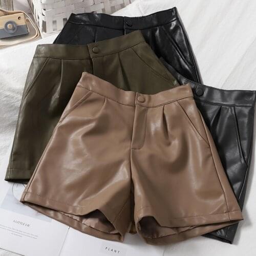 Autumn Winter new korean fashion womens high waist solid color PU leather wide leg plus size shorts boot cut shorts SMLXL