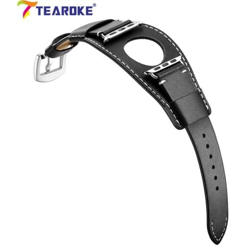 TEAROKE Genuine Leather Watchband for Apple Watch 4 5 38mm 42mm 40mm 44mm Black Replacement Bracelet Band Strap for iwatch 1 2 3