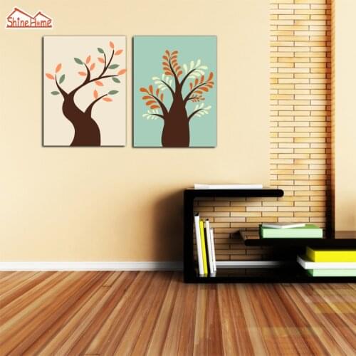 ShineHome-2pcs Wall Art Canvas Prints Cartoon Tree Pictures Oil Paintings Modular Printing for Kids Baby Living Room Home Deco