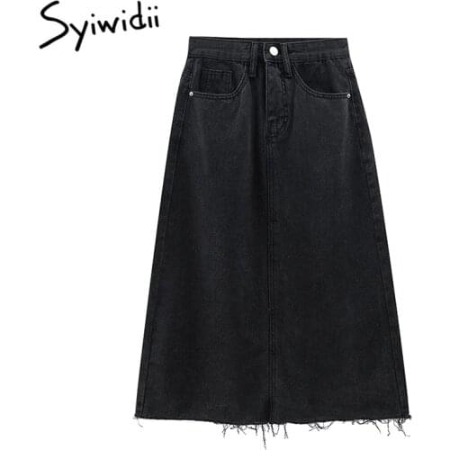 Syiwidii Jean Skirts for Women Vintage High Waist Pockets Button Up Casual A-Line Fashion Summer 2021 New Denim Midi Skirt Black