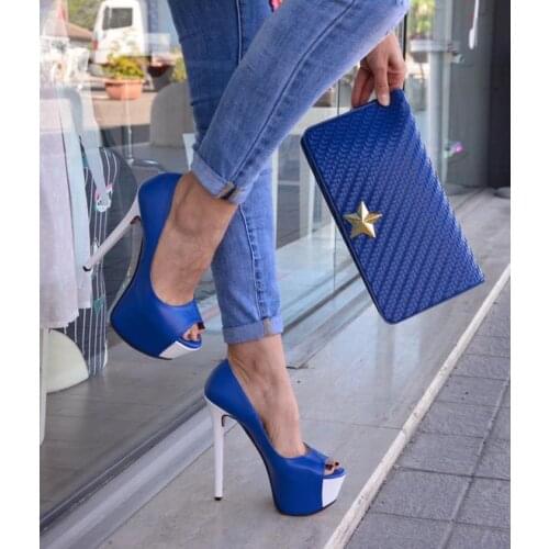 Carpaton Sexy Peep Toe Platform Pumps Super High Blue Leather High Heel Shoes Woman Thin Heels Dress Heels Mixed Colors Shoes